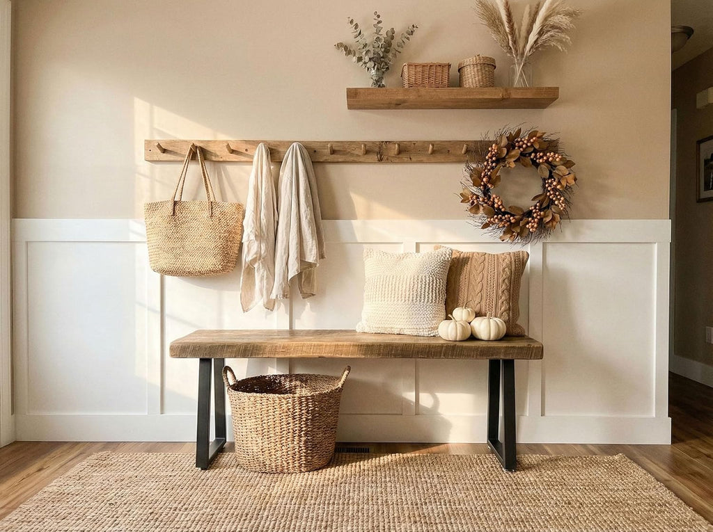 Rustic Revival Reclaimed Barnwood Bench, Solid Wood with Metal Base, Modern Farmhouse Style, 2-Inch Thick Top, for Entryway, Bedroom, Living Room (48x12)