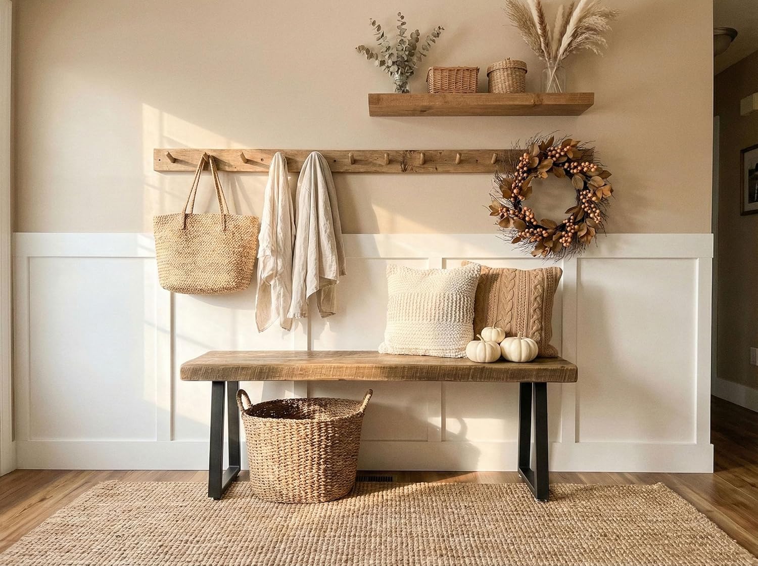 Rustic Revival Reclaimed Barnwood Bench, Solid Wood with Metal Base, Modern Farmhouse Style, 2-Inch Thick Top, for Entryway, Bedroom, Living Room (48x12)