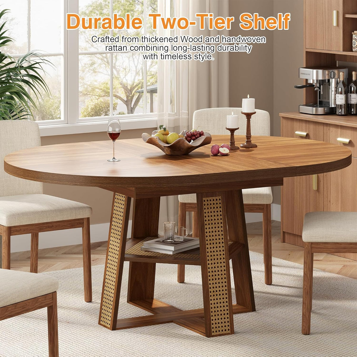 43"-59" Extendable Round Dining Table for 4-8, Transformer Oval Modern Kitchen Table with Removable Leaves Space Saving, Wood Dining Room Table with Storage Shelf for Kitchen, Walnut, Cross Leg