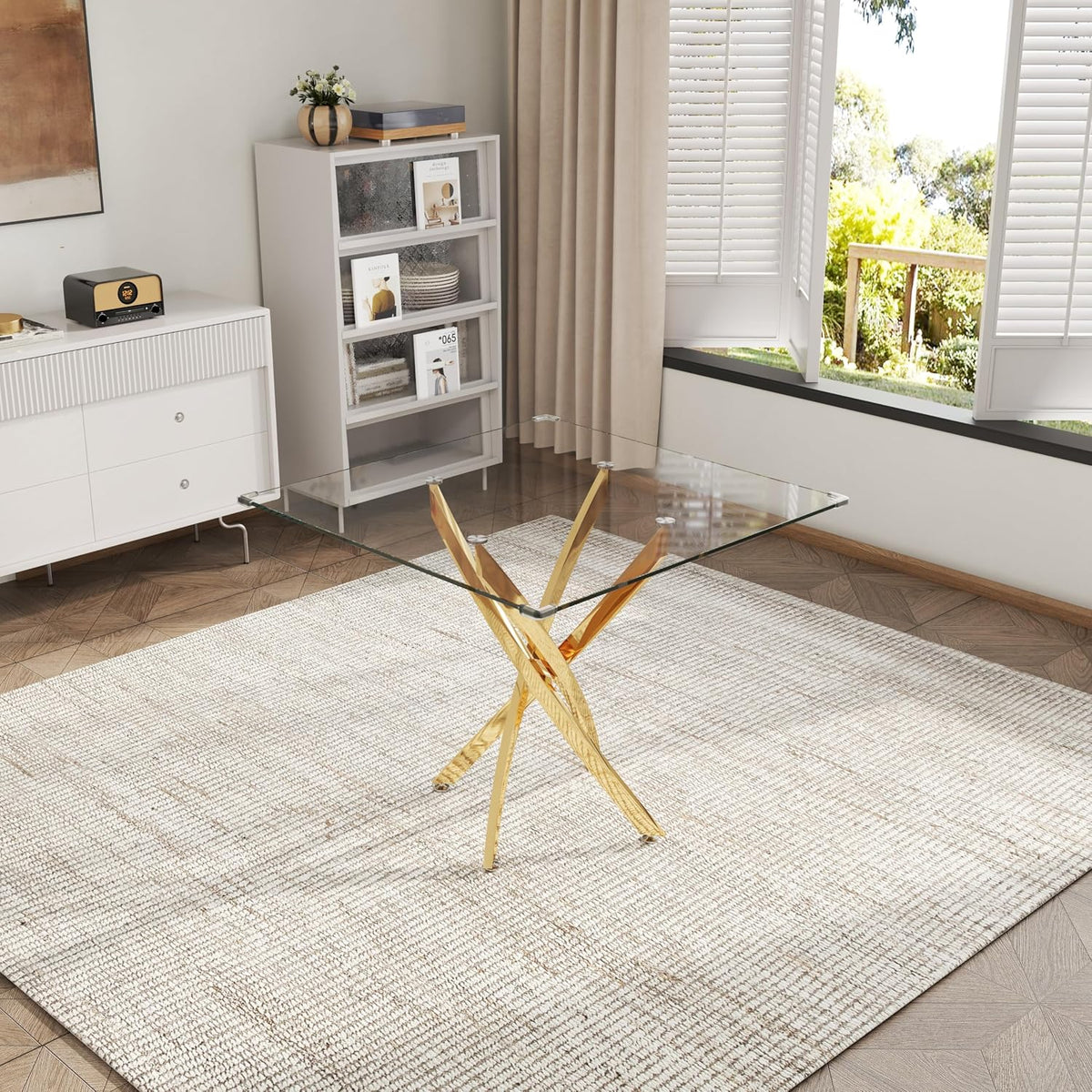 AF ARTISAN FURNITURE 5 Piece Square Glass Dining Table Set, Gold Glass Kitchen Table Set for 4 Modern Table Set with 4 White PU Upholstered Dining Chairs, for Small Space, Breakfast Nook