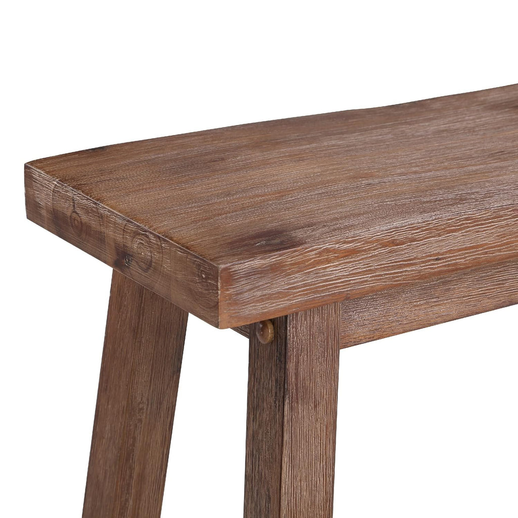 Benjara 33 Inch Saddle Seat Bench, Sandblasted Antique Brown Acacia Wood, Angled Frame Design, Rustic Entryway Bench for Dining Room, Bedroom, Hallway, Living Room and Home Decor
