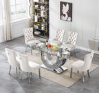 7 Piece Dining Table Set with 6 Beige Dining Chairs, Modern Glass Kitchen Table and Chairs Set for 6, 70" Rectangle Silver Glass Pedestal Dining Room Tables with Ring-Shape Stainless Steel Base