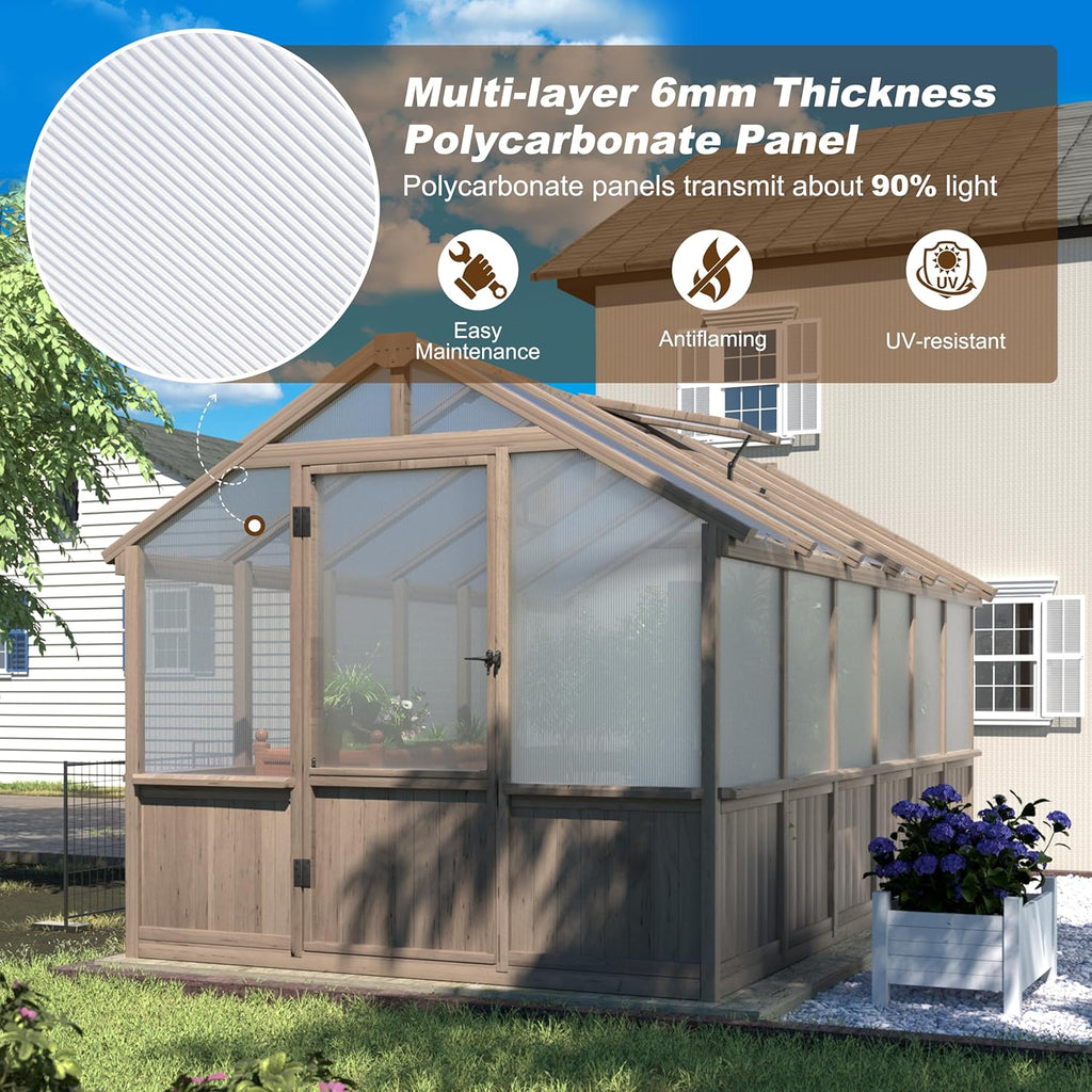 8x12 FT Greenhouse Kit with 6MM Thick Polycarbonate Panel for Outdoor, Wooden Walk-in Green House with Adjustable Roof Vent and Lockable Door, Backyard, Garden, Light Mocha Brown