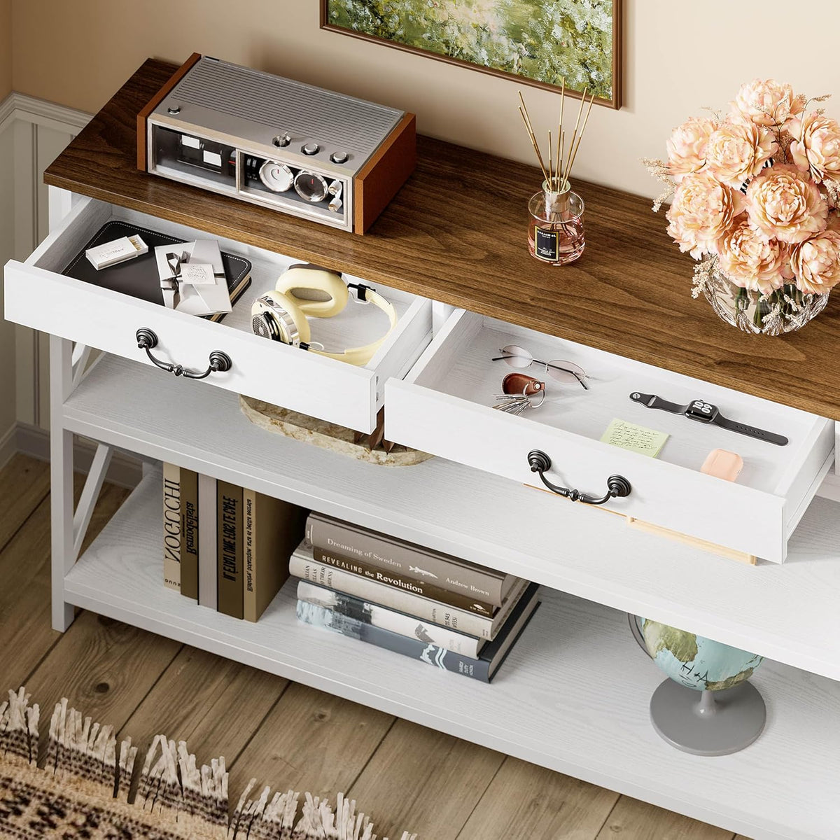 IRONCK 47.2" Farmhouse Console Table, Sofa Table with Drawer, Narrow Long Entry Table with 2 Shelf for Entryway, Living Room, Hallway, White/Walnut