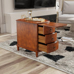 Solid Wood End Table with 3 Drawers, Cherry Red American Style Beside Table with Slide-Out Coffee Tray, Sofa Chair Side Table Nightstand for Living Room Bedroom, Rustic Wood Grain Accent Table 1569MG