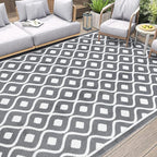Pauwer Waterproof Outdoor Rug 8x10, Reversible Plastic Straw Patio Camping Rug, Indoor Outdoor RV Mat Carpet for Deck, Camper, Porch, Balcony, Backyard, Picnic, Geometric Grey