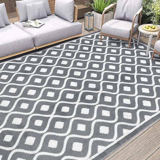 Pauwer Waterproof Outdoor Rug 8x10, Reversible Plastic Straw Patio Camping Rug, Indoor Outdoor RV Mat Carpet for Deck, Camper, Porch, Balcony, Backyard, Picnic, Geometric Grey