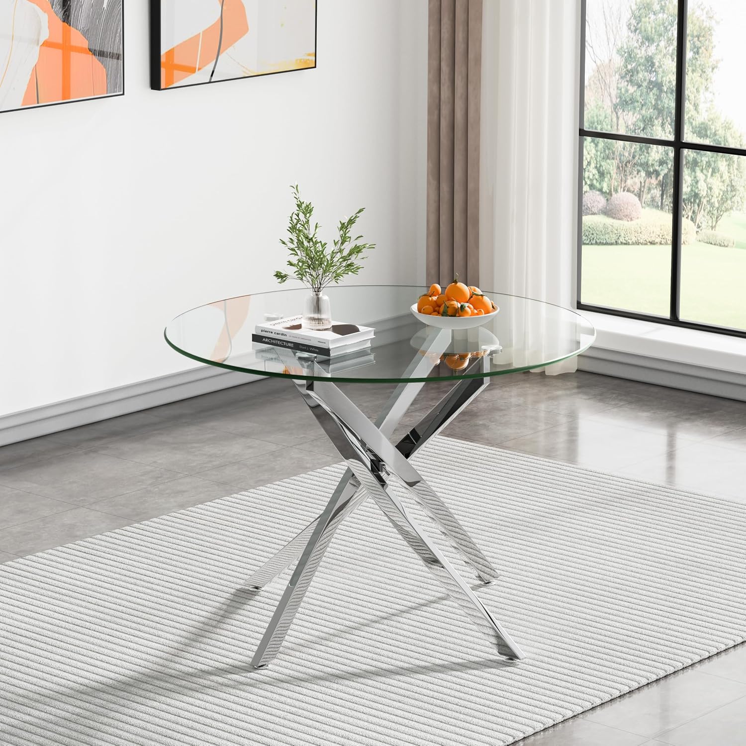 Glass Dining Table Set for 4, Modern 36" Round Kitchen Table with 4 Velvet Dining Chairs and Silver Cross Metal Legs, Modern Circle Dinner Table Set, 5 Piece Dining Set for Kitchen