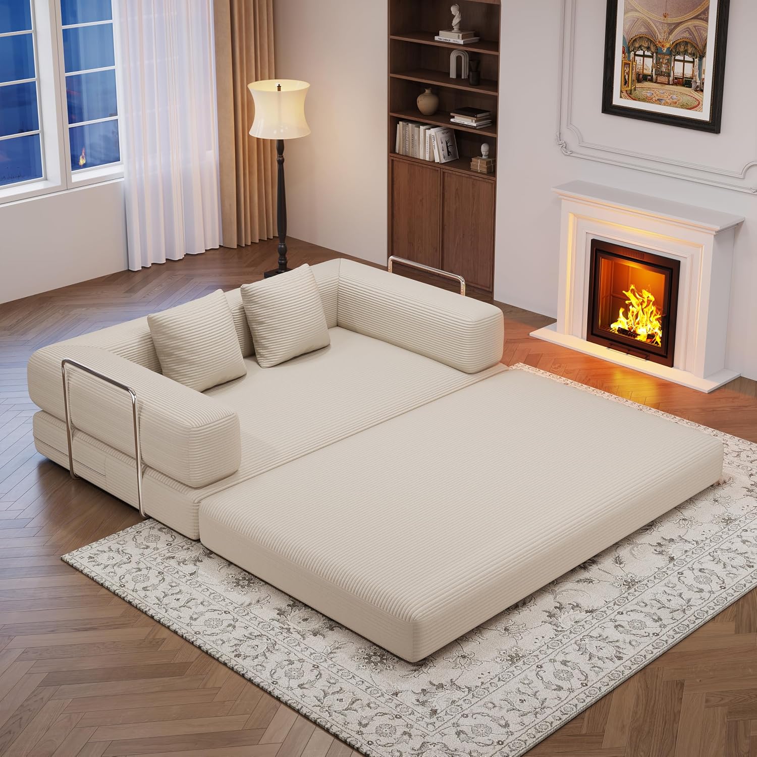 59.0 Inch Convertible Sofa Bed, 4-in-1Futon Sofas Bed Pull Out Sleeper Couch, Modern Deep Seat Sofa for Living Room, Corduroy Couches for Bedroom, Apartment, No Assembly Beige, 2 Seat
