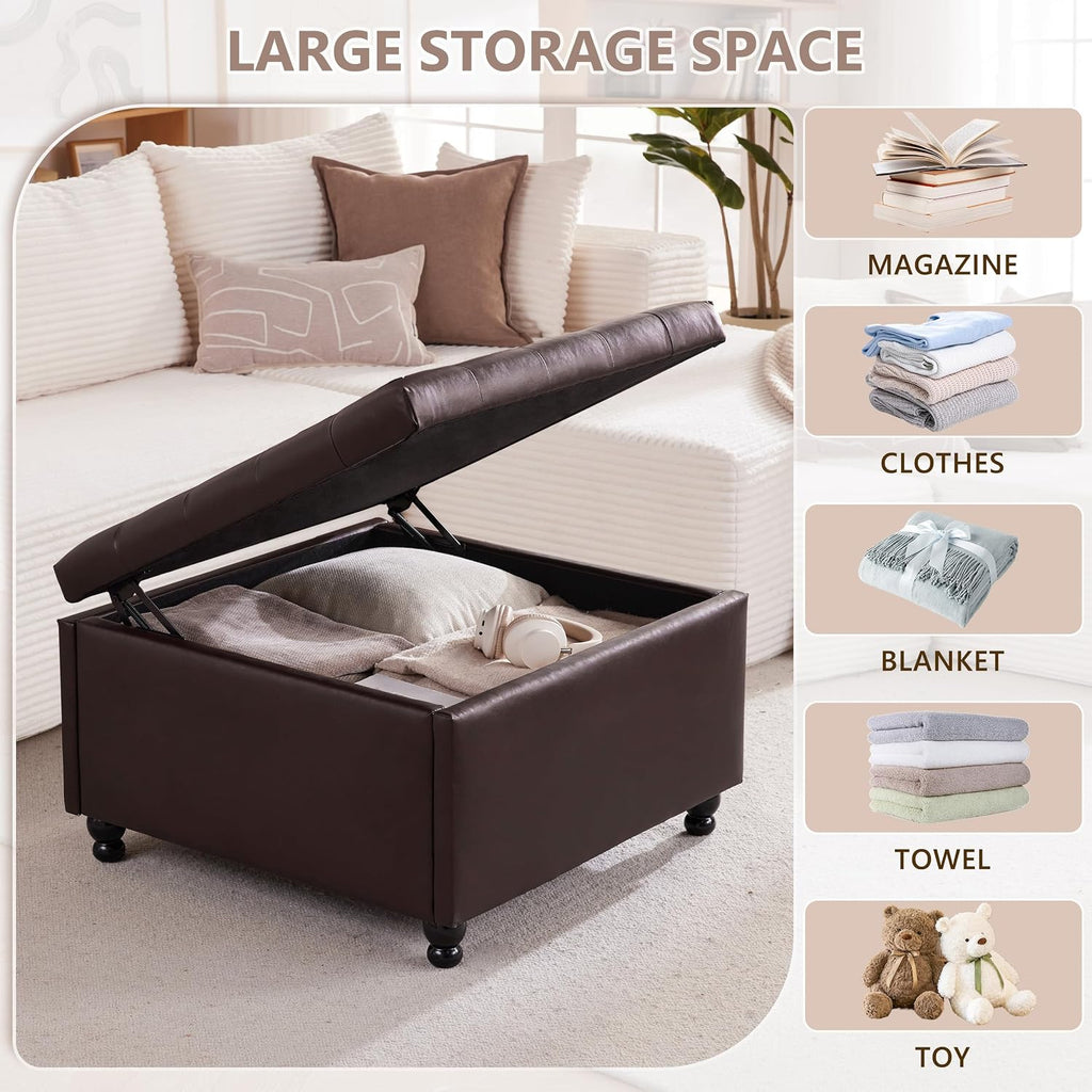 30" Large Square Ottoman with Storage, Leather Ottoman Coffee Table, Brown | Tufted Upholstered Ottoman for Living Room, Oversized Square Storage Ottoman for Bedroom and Entryway, Solid Wood Frame