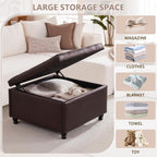 30" Large Square Ottoman with Storage, Leather Ottoman Coffee Table, Brown | Tufted Upholstered Ottoman for Living Room, Oversized Square Storage Ottoman for Bedroom and Entryway, Solid Wood Frame