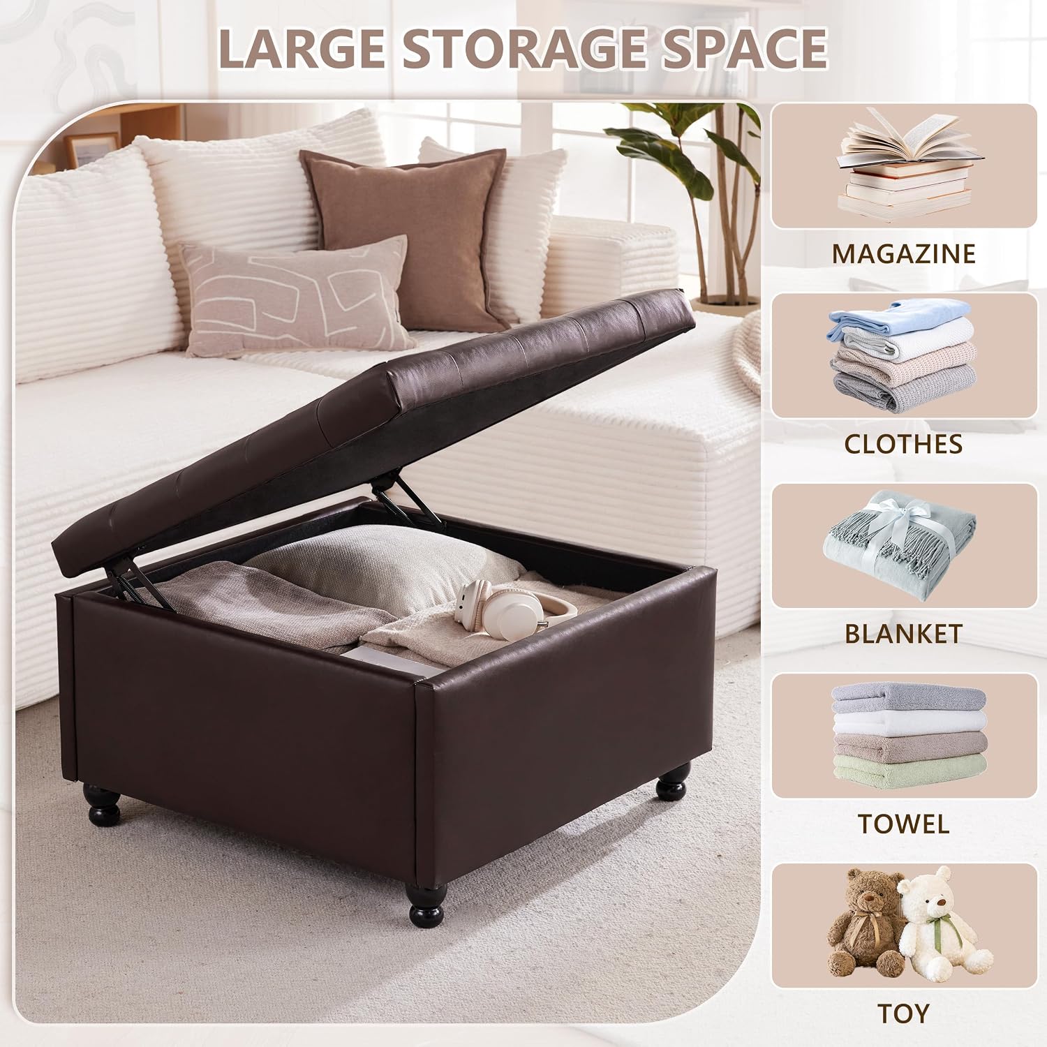 30" Large Square Ottoman with Storage, Leather Ottoman Coffee Table, Brown | Tufted Upholstered Ottoman for Living Room, Oversized Square Storage Ottoman for Bedroom and Entryway, Solid Wood Frame