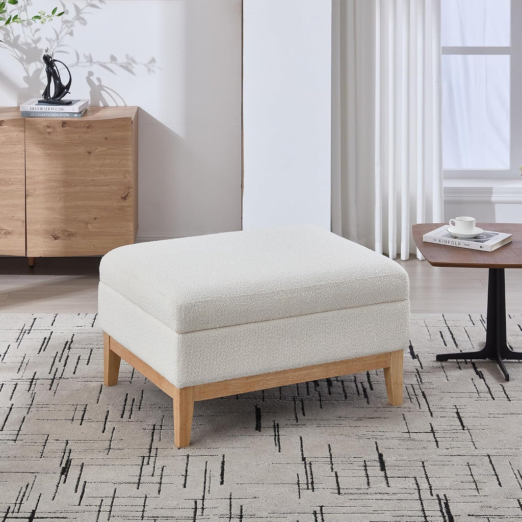 Setawix 33.86" Large Storage Ottomans for Living Room,Boucle Upholstered Ottoman Coffee Table with Tray,Mid Century Modern Ottoman Seat with Storage Footrest for Bedroom (Ivory+Natural Legs)