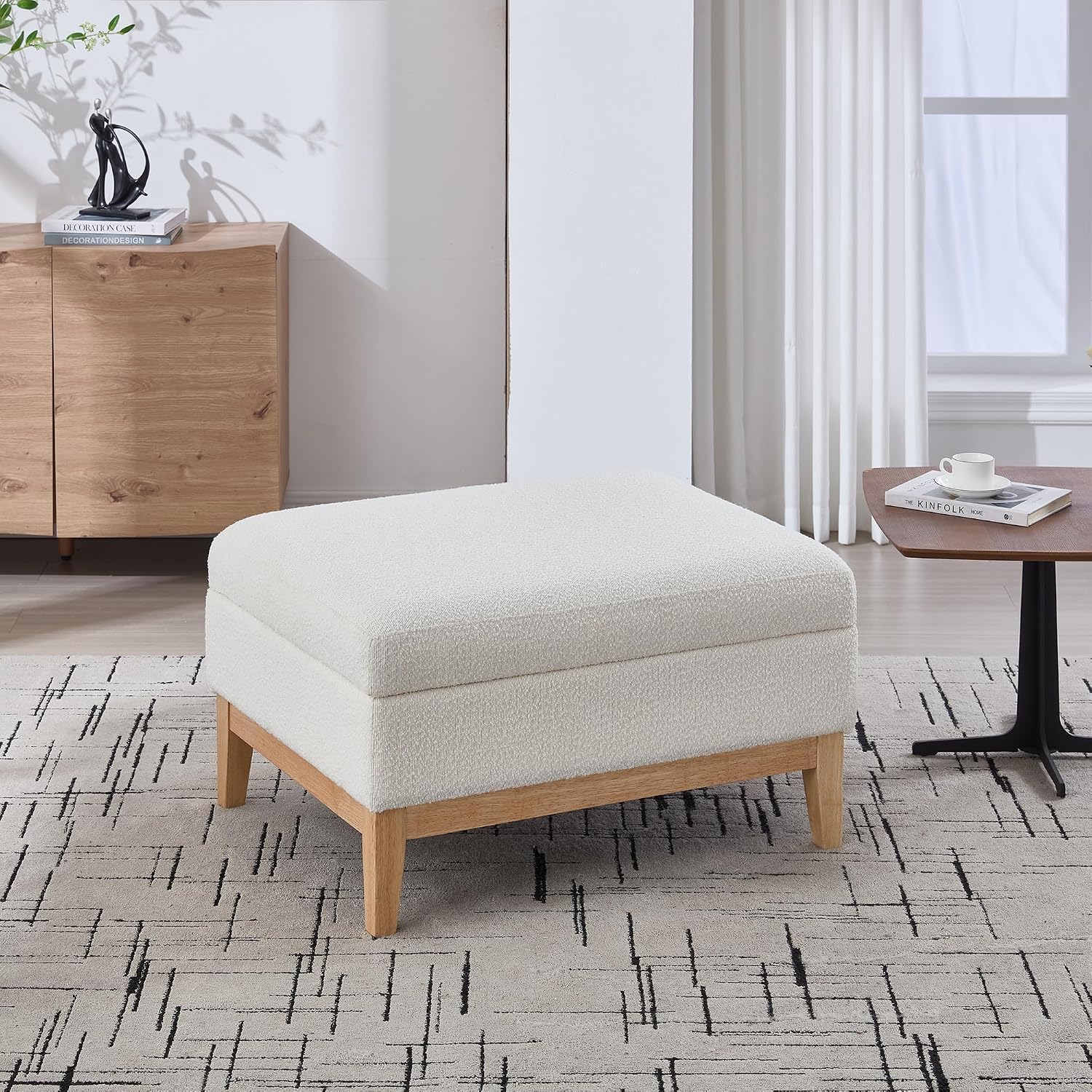 Setawix 33.86" Large Storage Ottomans for Living Room,Boucle Upholstered Ottoman Coffee Table with Tray,Mid Century Modern Ottoman Seat with Storage Footrest for Bedroom (Ivory+Natural Legs)