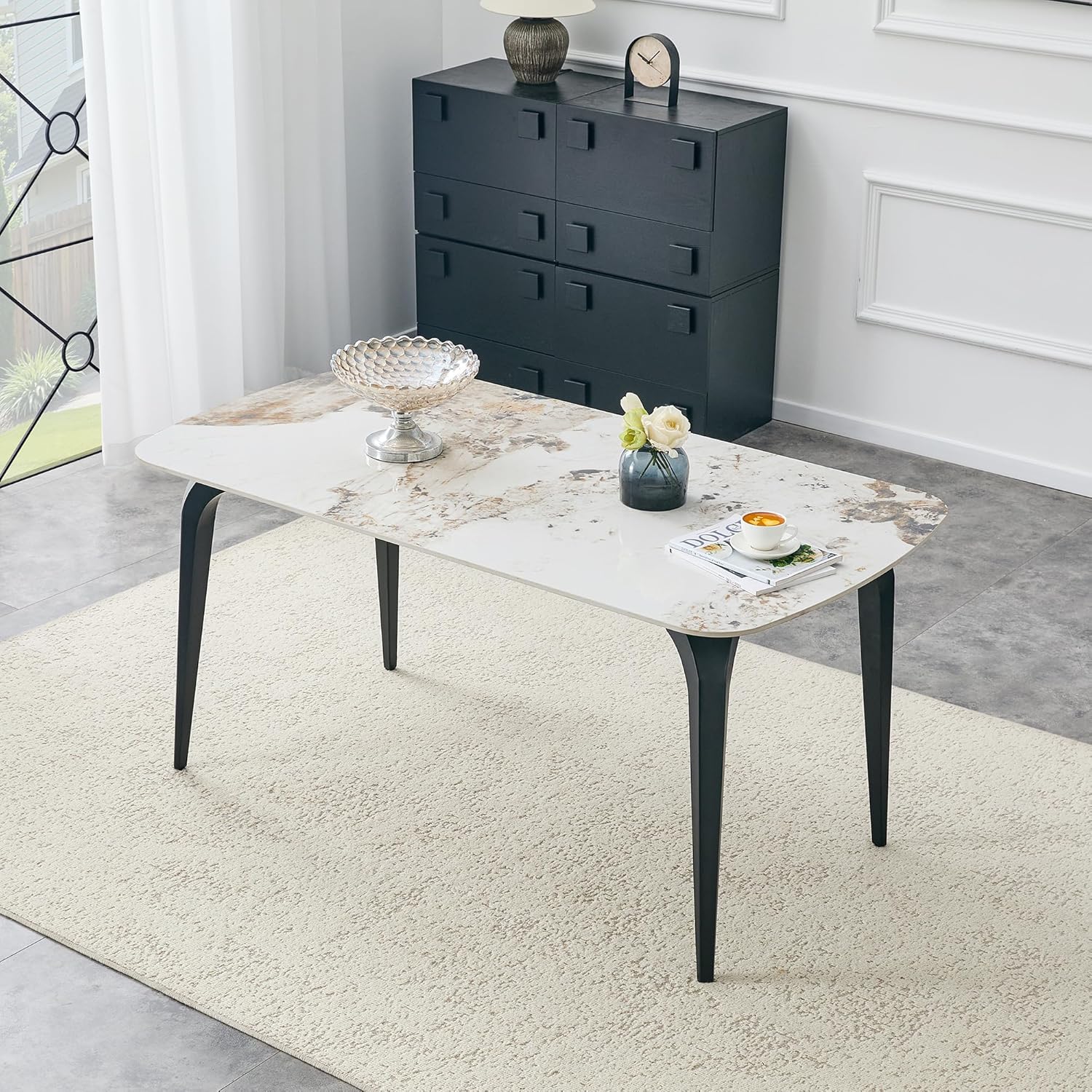 Modern Rectangular Dining Table,63”Sintered Stone Dining Table for 4-6, Stone Top with Carbon Steel Frame for Small Space,Kitchen Office,Apartment,Cafe（Marble）