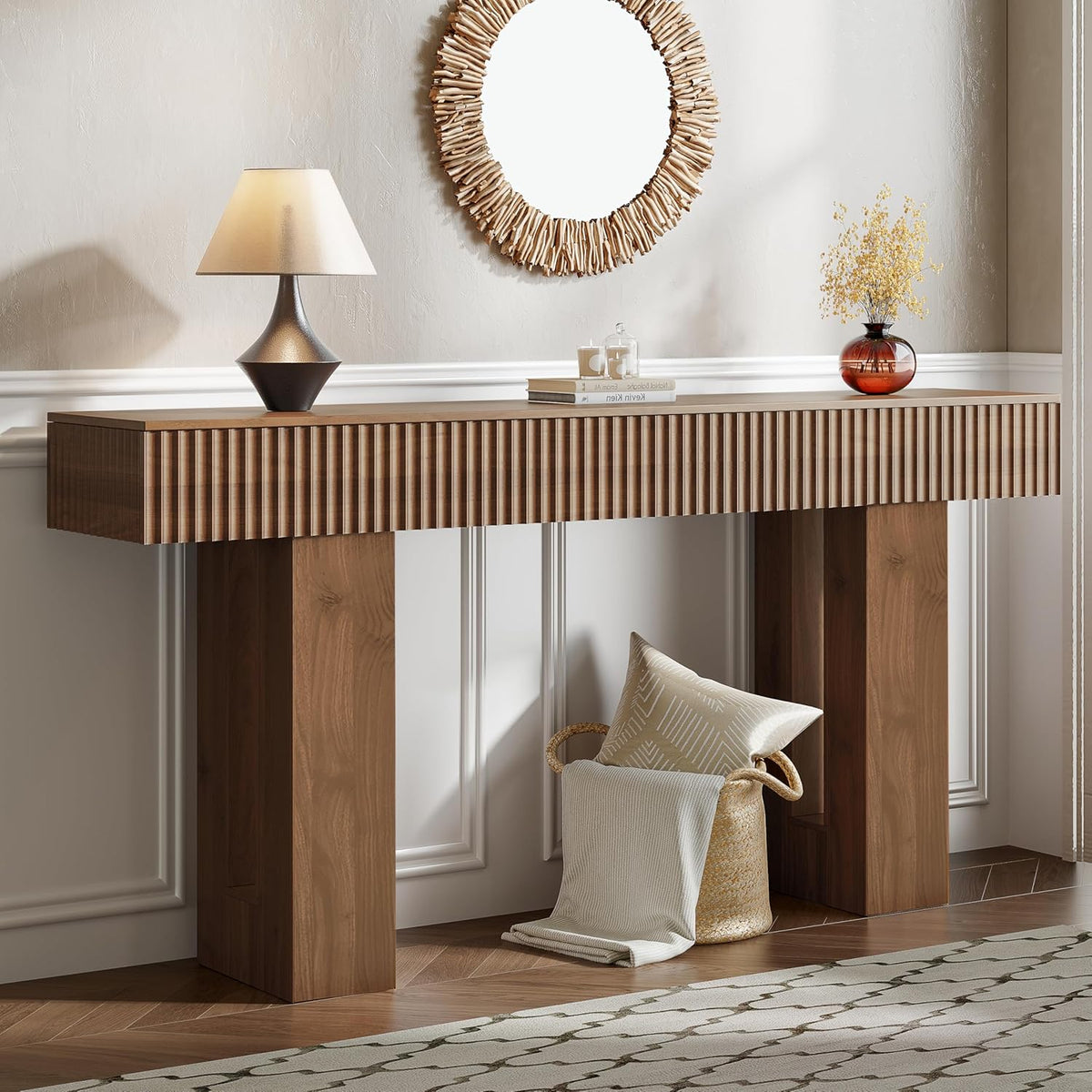 63-Inch Long Entryway Console Table with a Fluted Design, Thick Wood Farmhouse Sofa Table Behind Couch, Narrow Hallway Accent Table for Living Room, Foyer, Entrance,Modern Walnut
