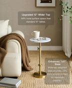 Adjustable 12" White Marble Drink Table with 2 Coasters, Antique Brass⁠ | Adjustable 12" round martini end table & pedestal side table. White marble and antique brass finish.⁠