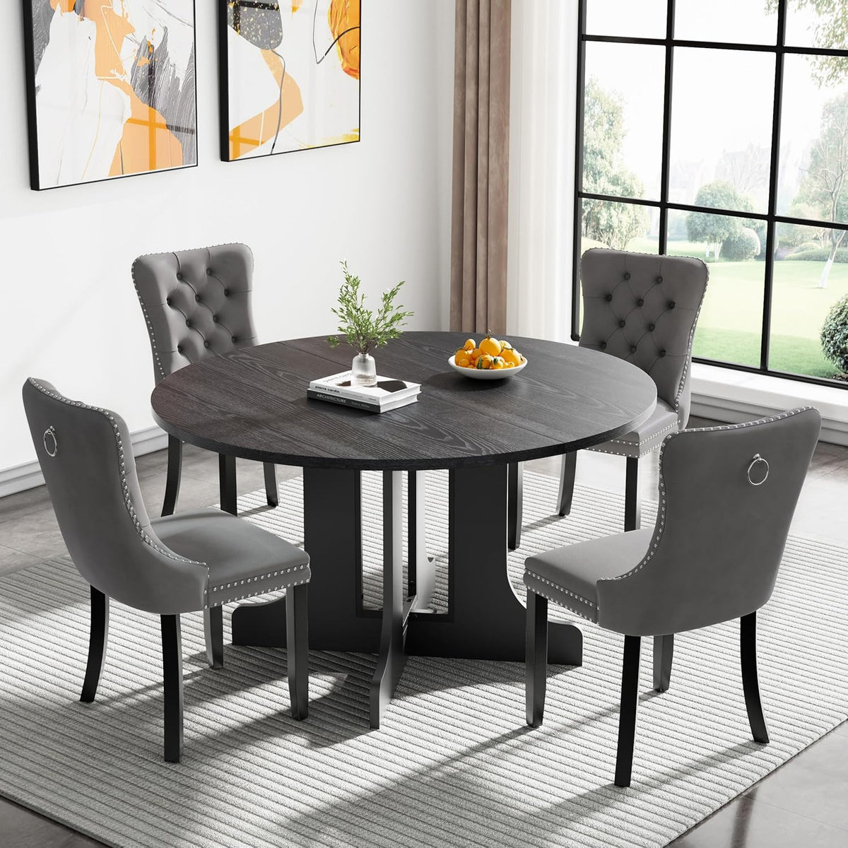 Henf 5 Piece Round Extendable Dining Table Set for 4, 43"-59" Wood Oval Expanding Kitchen Table with 4 Chairs, Space Saving Extendable Dining Room Tables with Pedestal Base (Black & Gray)