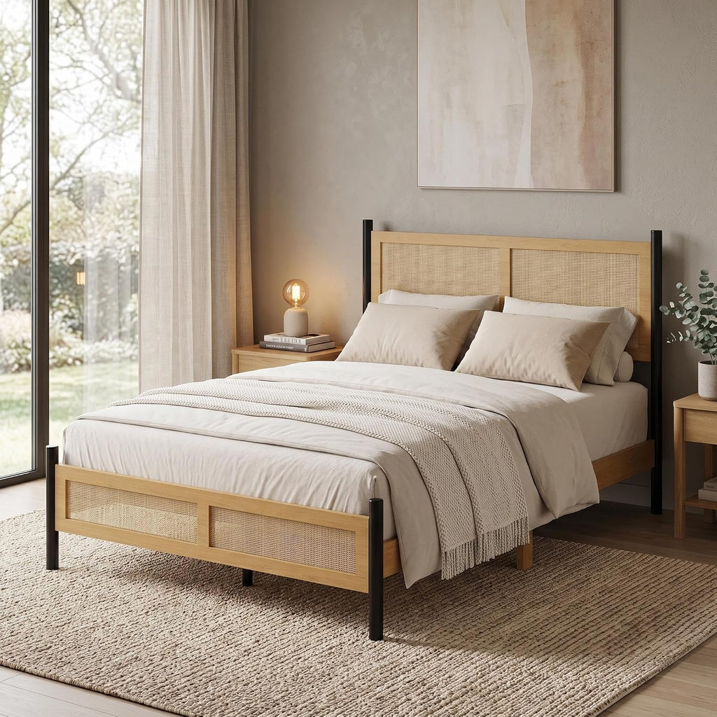 Rattan Queen Size Bed Frame, Wooden Platform Bed with Rattan Headboard