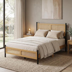 Rattan Queen Size Bed Frame, Wooden Platform Bed with Rattan Headboard
