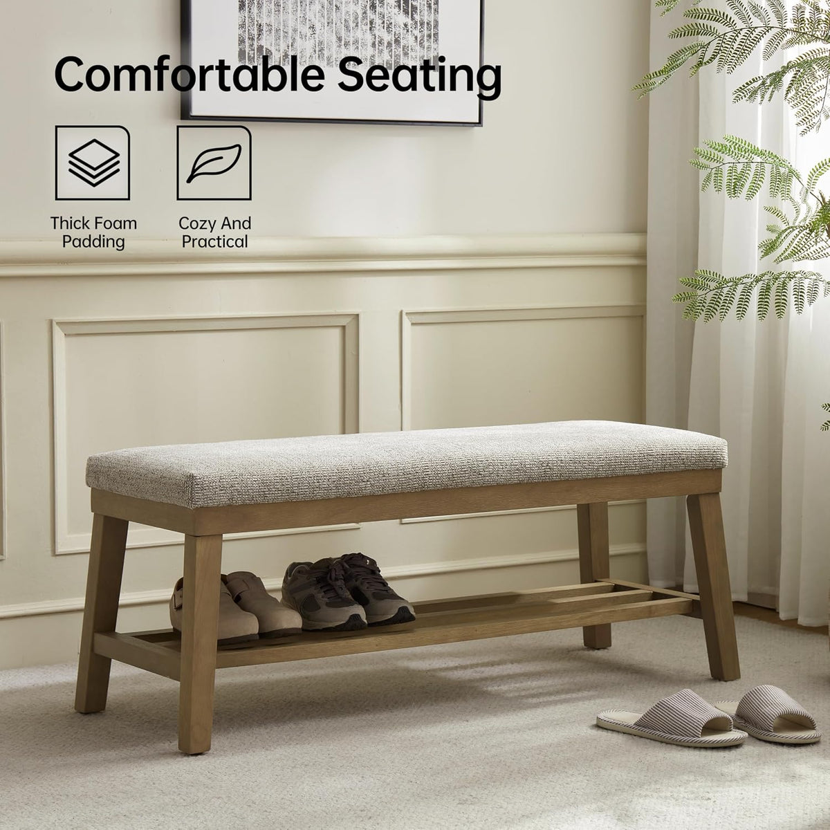 VKNOW Entryway Bench, 44.4" Upholstered Shoe Storage Bench for Entryway & Bedroom, Shoe Bench with Rubberwood Legs, Modern End of Bed Storage Bench for Living Room and Hallway, Brown