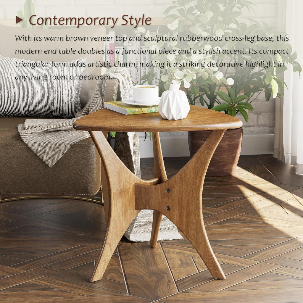 COZAYH Modern Triangle Wood End Table with Cross-Leg Rubberwood Base, Mid-Century Small Accent Side Table for Living Room, Easy Assembly, Natural, Brown
