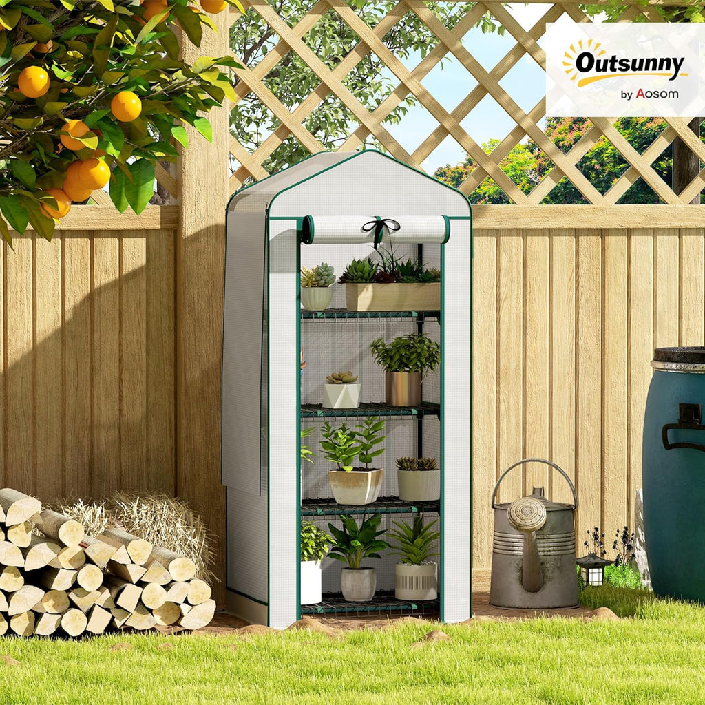 Outsunny 4 Tier Mini Greenhouse with Screen Roof, 27.6" x 19.7" x 62.2", Portable Small Greenhouse with High Strength PE Cover, Roll-Up Zipper Door for Garden Yard Backyard, White