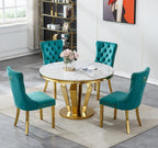 3-Piece Round Marble Dining Table Set for 4 with Velvet Chairs | Modern Faux Marble Kitchen Table with 4 Green Tufted Chairs,White Gold Dinner Tables Diamond Stainless Steel Pedestal Base