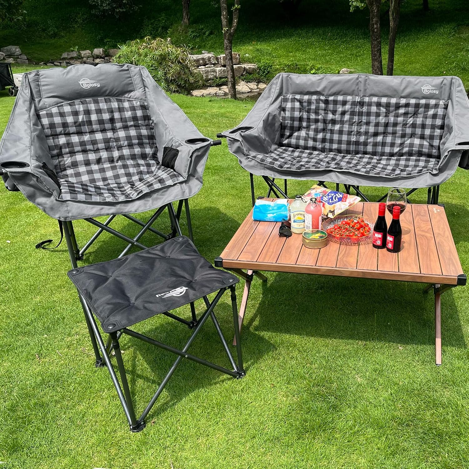 Bolosy Oversized Camping Chairs for Adults Heavy Duty Padded Portable Lawn Chairs Outdoor Folding Chairs XL Camp Chairs with Cup Holder Suproot 500 lbs, Gray Plaid