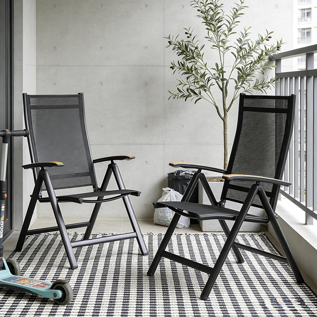 Folding Patio Chairs Set of 2, Aluminum High Back Outdoor Recliners with Teak Armrests, No Assembly Required, Adjustable