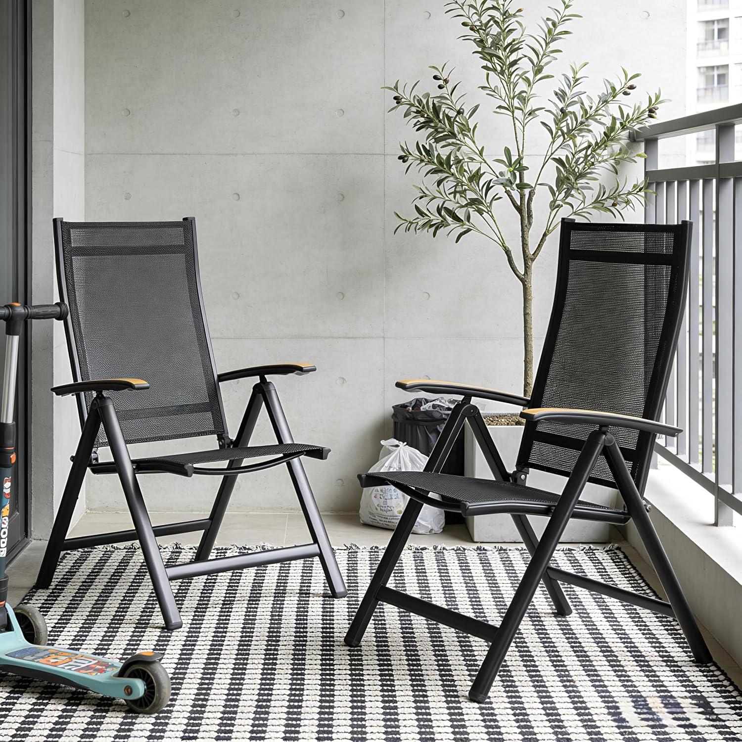 Folding Patio Chairs Set of 2, Aluminum High Back Outdoor Recliners with Teak Armrests, No Assembly Required, Adjustable