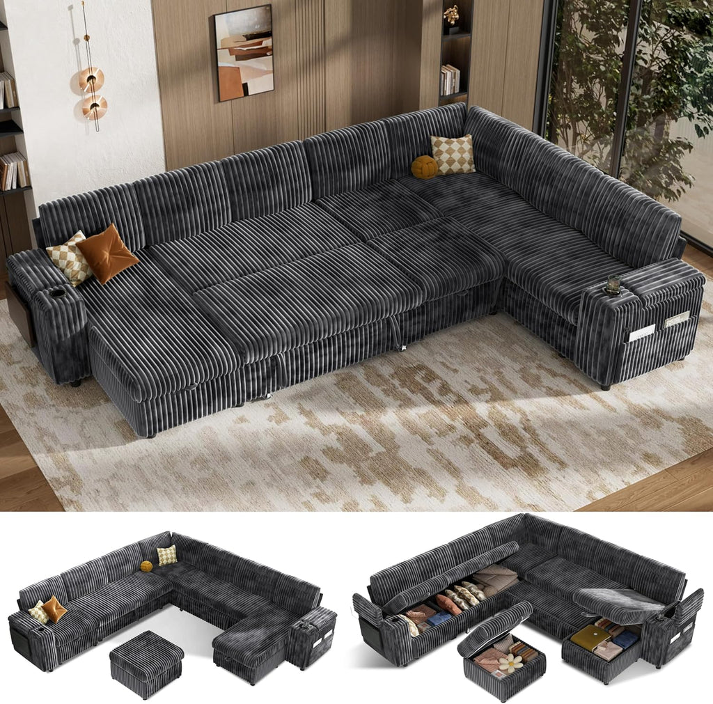 Vipbear 130" Modular Sectional Sleeper Sofa with Pull Out Bed, 9 Seat Corduroy L Shaped Couch with Ottoman and Chaise|USB Ports|Cup Holders|Side Table, Tool Free Assembly, Grey