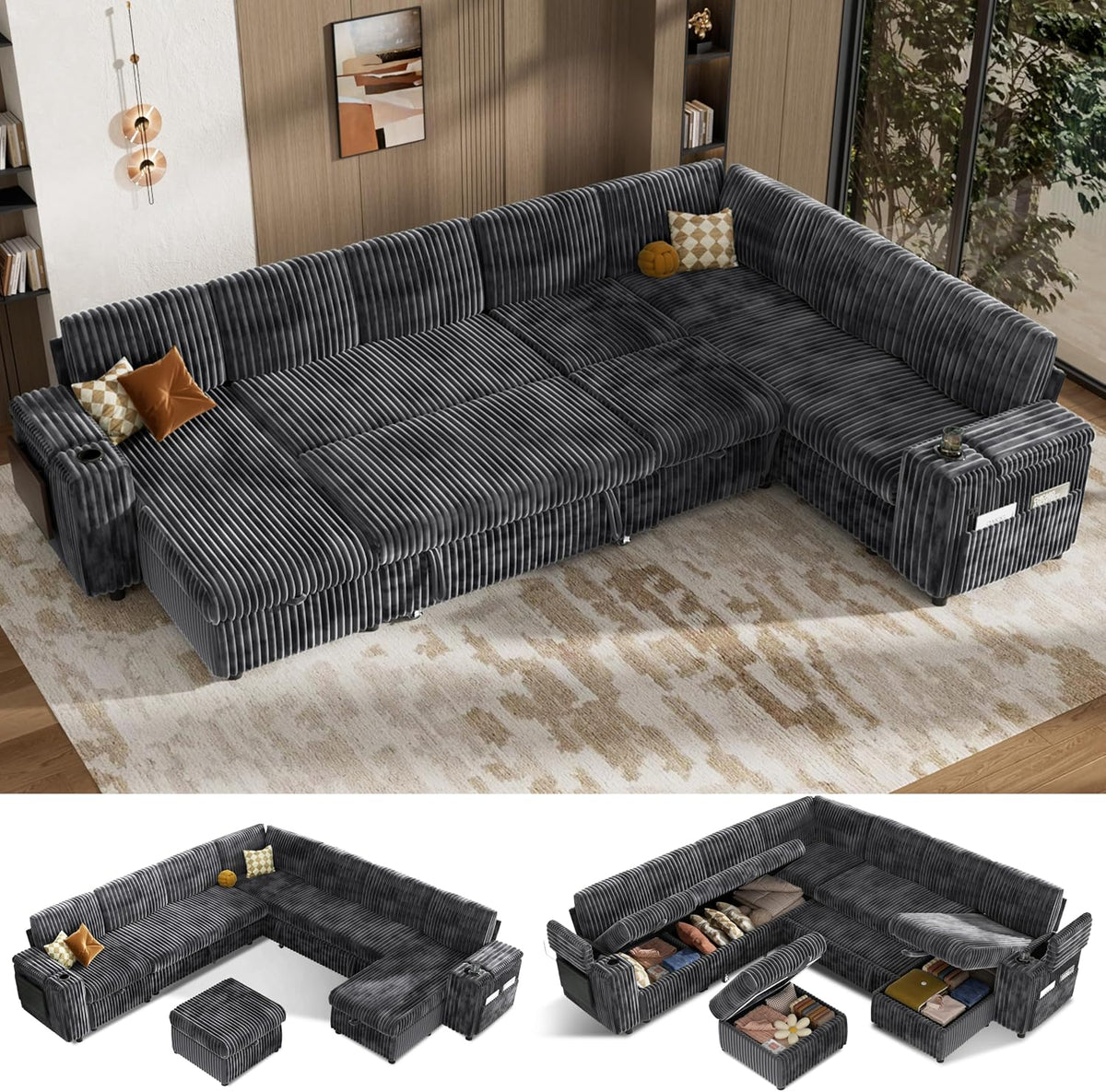 Vipbear 130" Modular Sectional Sleeper Sofa with Pull Out Bed, 9 Seat Corduroy L Shaped Couch with Ottoman and Chaise|USB Ports|Cup Holders|Side Table, Tool Free Assembly, Grey