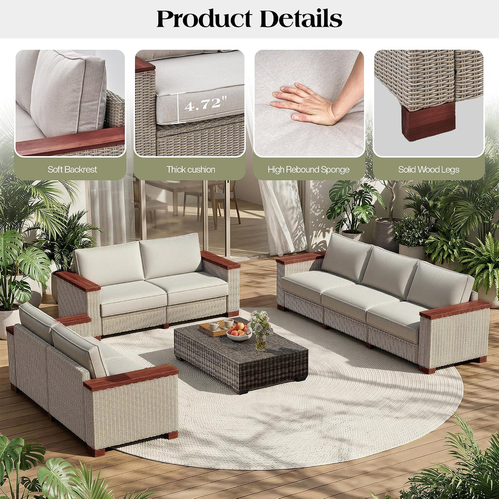 PaPaJet Outdoor Loveseat Patio Sofa, Wicker Couch with Solid Armrests & Legs, 4.7" Thick Cushion, UV-Resistant Modular Sofa for Porch, Backyard, Garden