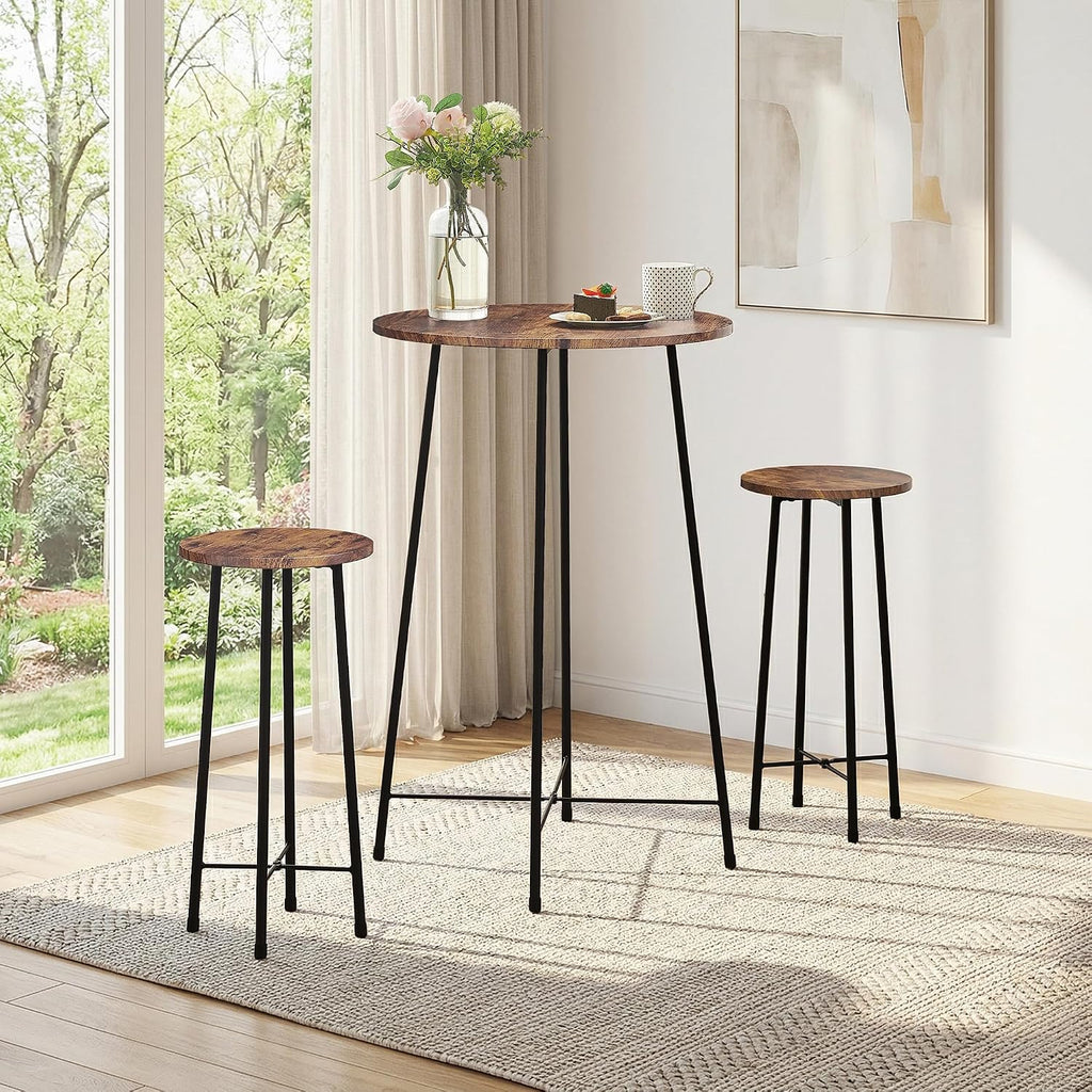 VECELO 3 Piece Pub Table and Chairs Sets Counter Height Bistro Bar Sets with 2 Barstools for Kitchen Breakfast Nook, Small Space, Apartment, Breakfast Dinner Restaurant, Brown