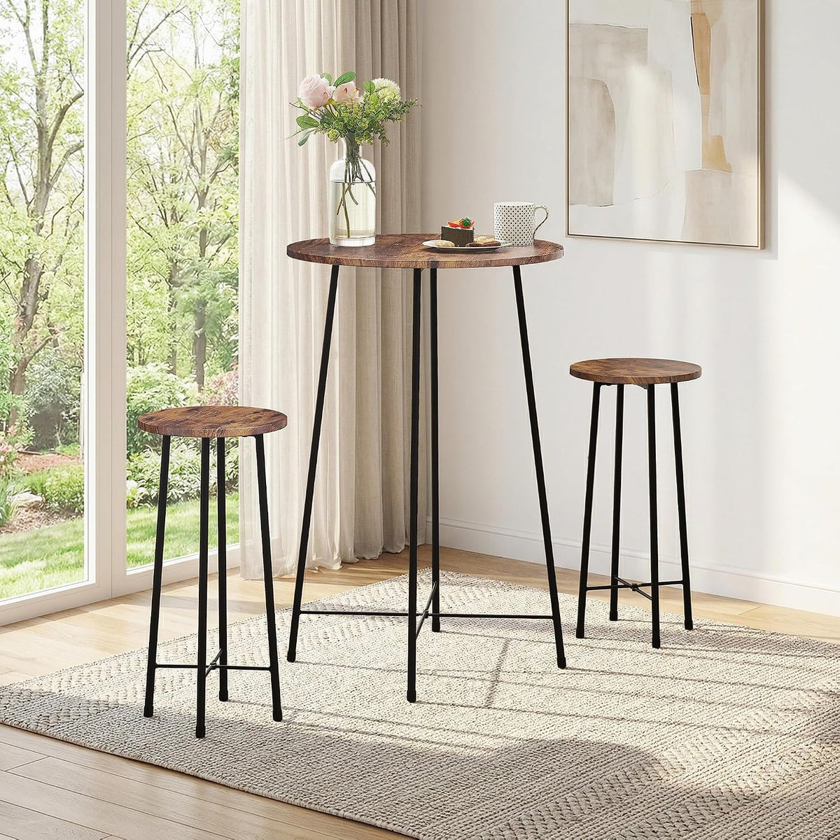 VECELO 3 Piece Pub Table and Chairs Sets Counter Height Bistro Bar Sets with 2 Barstools for Kitchen Breakfast Nook, Small Space, Apartment, Breakfast Dinner Restaurant, Brown