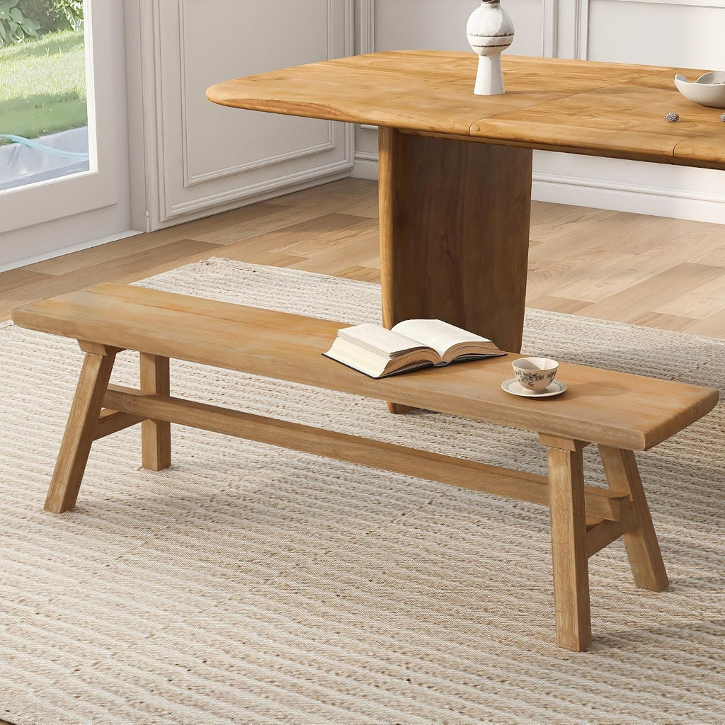 Solid Wood Bench 55 in, Rustic Farmhouse Entryway Bench with Storage, Indoor Shoe Bench, Natural Wood Tone
