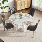 Round Modern Dining Table Set for 4, 47" Circle White Faux Marble Kitchen Table with 4 Grey Velvet Upholstered Dining Chairs,Wooden Kitchen and Dining Room Table Set for Dining Room