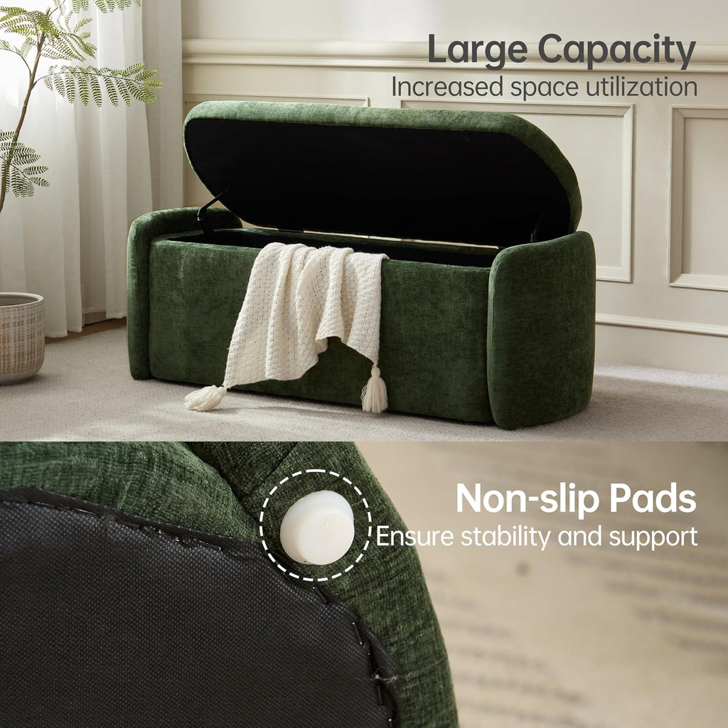 VKNOW Storage Bench, Upholstered Storage Ottoman Bench with Hinge, Green | Ottoman Bench with Large Capacity, Curved Frame, Soft Fabric, Storage Bench for Bedroom, Living Room, Entryway, Window