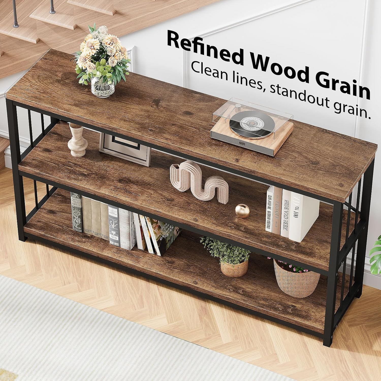LVB Industrial Console Entryway Table, Metal Wood Rustic Brown, 55 in | Farmhouse 3 Tier Shelf Long Hallway Foyer Entry Tables Behind Couch, Sofa Table for Home Living Room Entryway