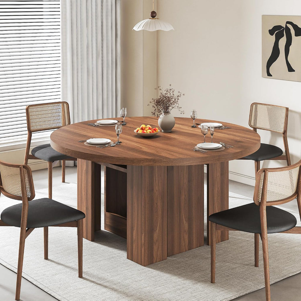 47-118 Inch Round Extendable Dining Table for 4-12, Kitchen Table with Wood Strip Base, Modern Oval Dining Room Table for Kitchen Living Room, Walnut