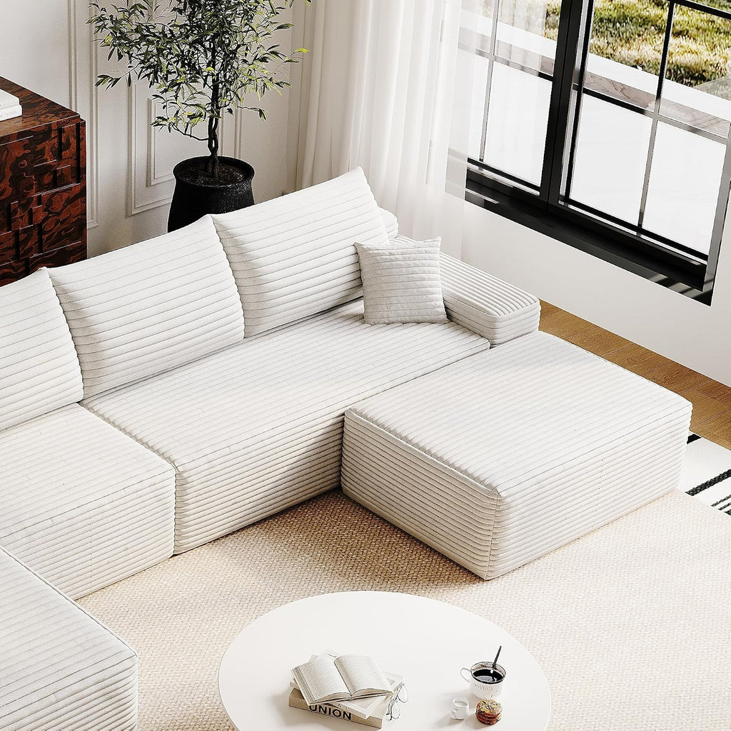 37.4" Plush Corduroy Ottoman, Upholstered Cloud Ottoman for Couch in a Box, Modular Sectional Couches for Living Room, Compressed Memory Foam, No Assembly Require, White