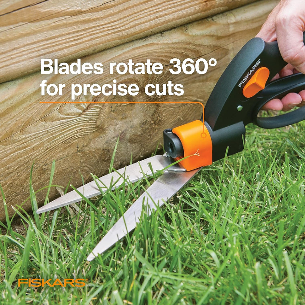 Fiskars Shear Ease Grass Shears - 5" Stainless Steel Blades - 360-Degree Swivel Blade Plant Cutting Scissors - Garden Shears and Grass Cutter, Black