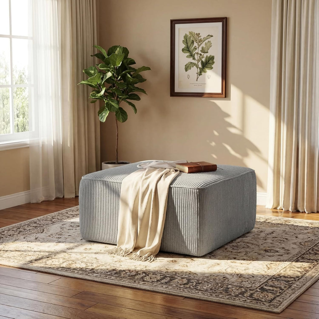 Christopher Knight Home Kyle Corduroy Woven Upholstery Square Ottoman, Living Room Sofa Ottoman with Wood Frame, Comfy Seating Experience with Dense Foam Padding, Non-Marking Foot Caps, Muted Green