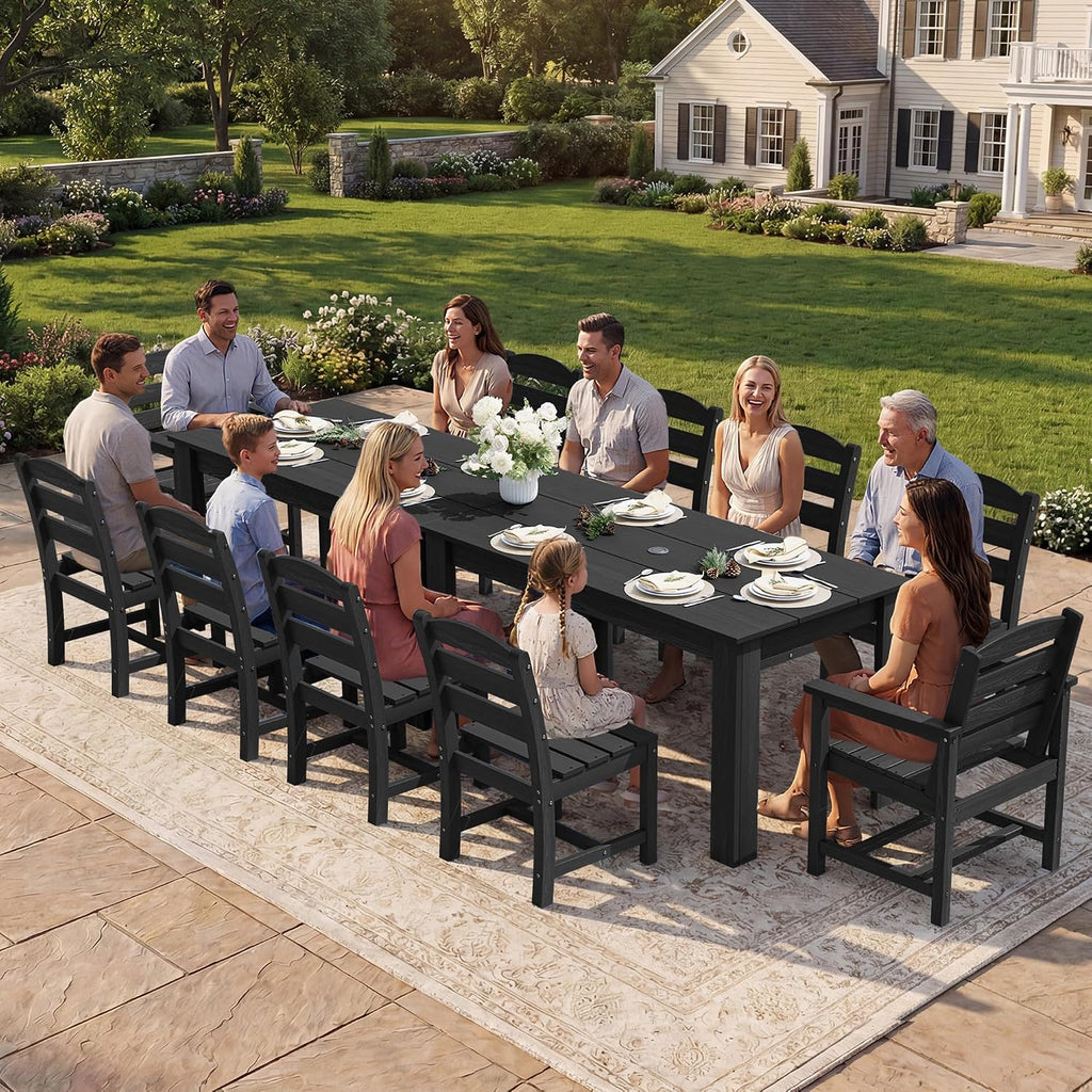 SERWALL HDPE Dining Set for 6: 1 Umbrella Hole Table, 4 Armless + 2 Armchairs. Includes 6 Plastic Woven Placemats – Heat-Resistant, Non-Slip & Easy to Clean. for Patio, Garden, Backyard. Black
