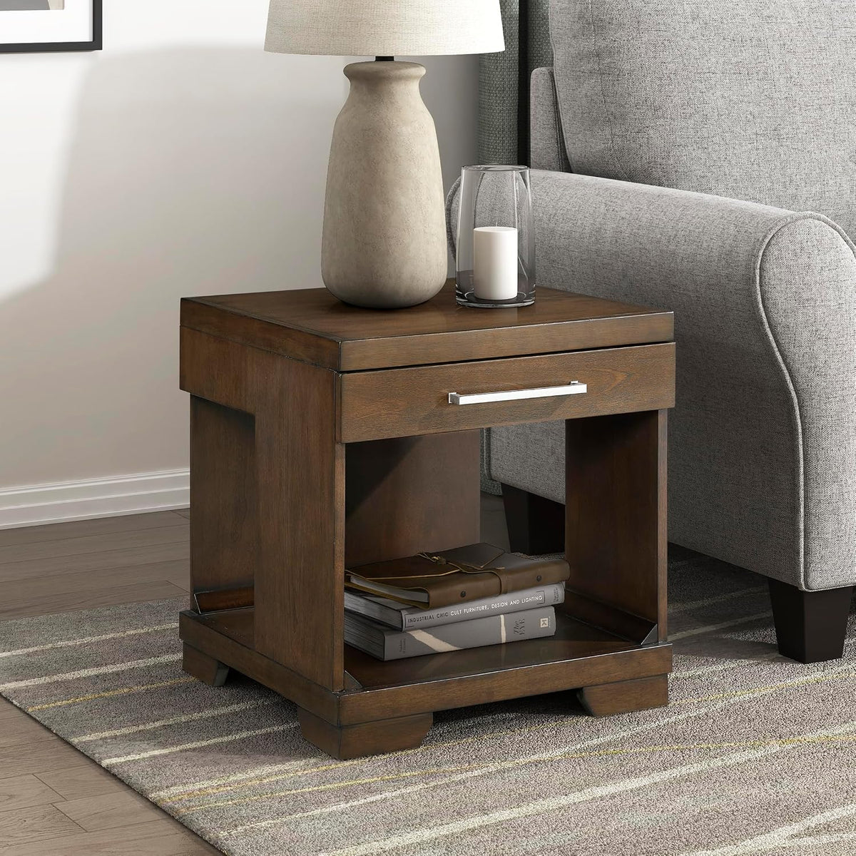 Lexicon Rectangle Wood End Table with Drawer and Lower Open Shelf, Mango Wood Veneer Small Side Table for Contemporary Living Room/Bedroom, Fully Assembled, Espresso