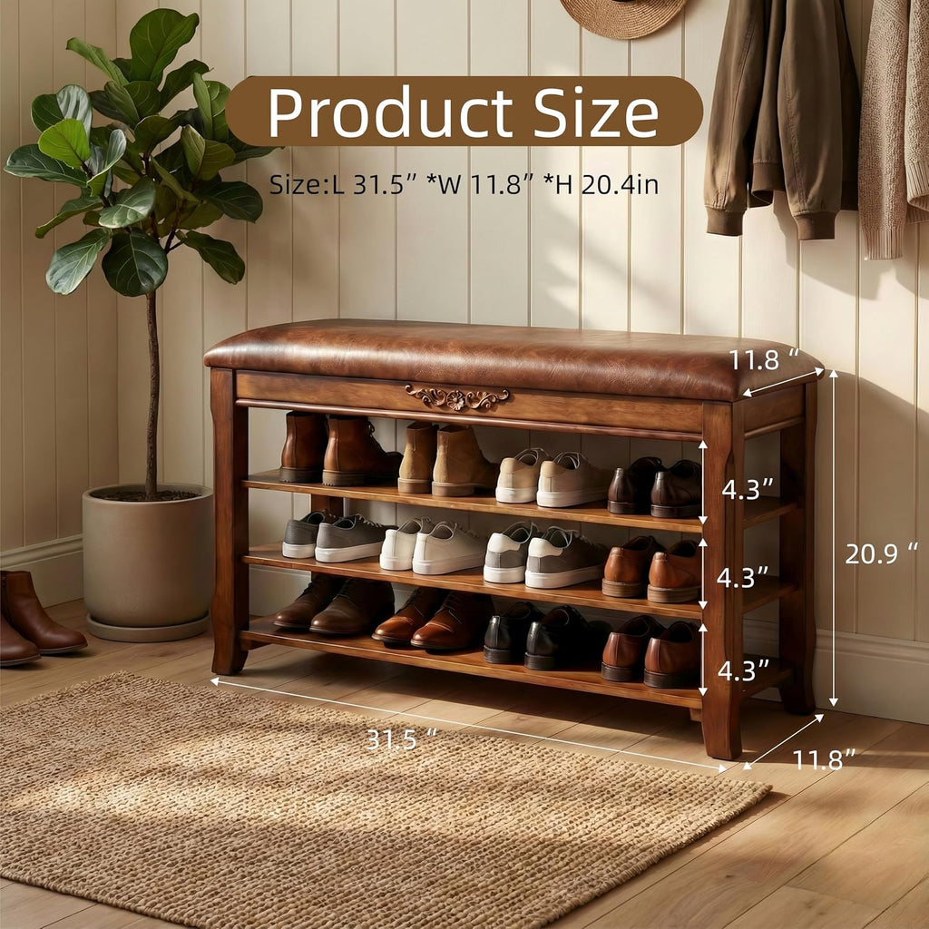 Shoe Rack Bench Entryway Storage with Leather Cushion, Shoe Organizer Bench for Entryway, Front Doors Entrances Hallway,Mudroom,Closet, Bedroom,Solidwood 3 Height-Adjustable Removable Shelve,31.5"