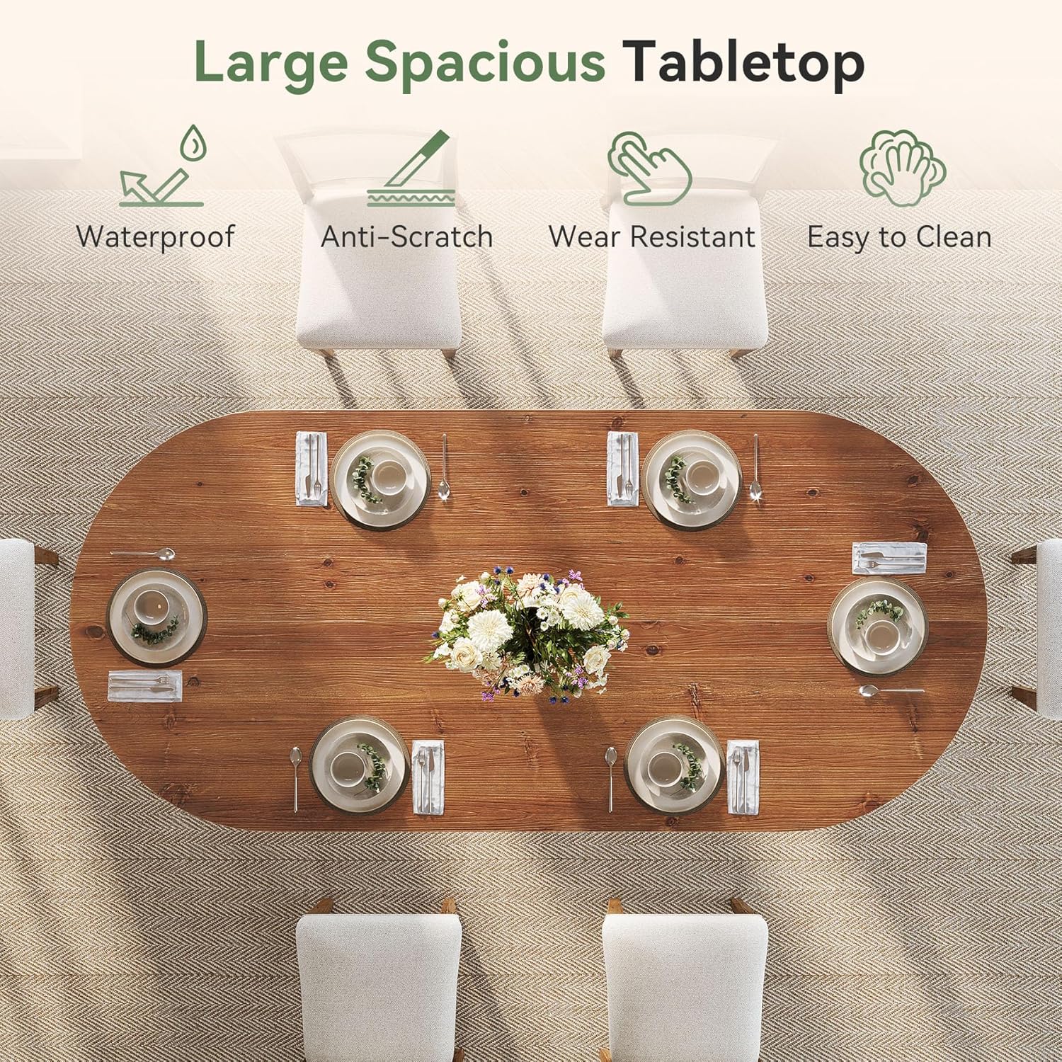 63" Solid Wood Oval Dining Table, Farmhouse Kitchen Table for 4-6 People, Rusitc Wood Dinner Table with Sturdy Base for Living Room, Dining Room, Apartment (Natural Brown)