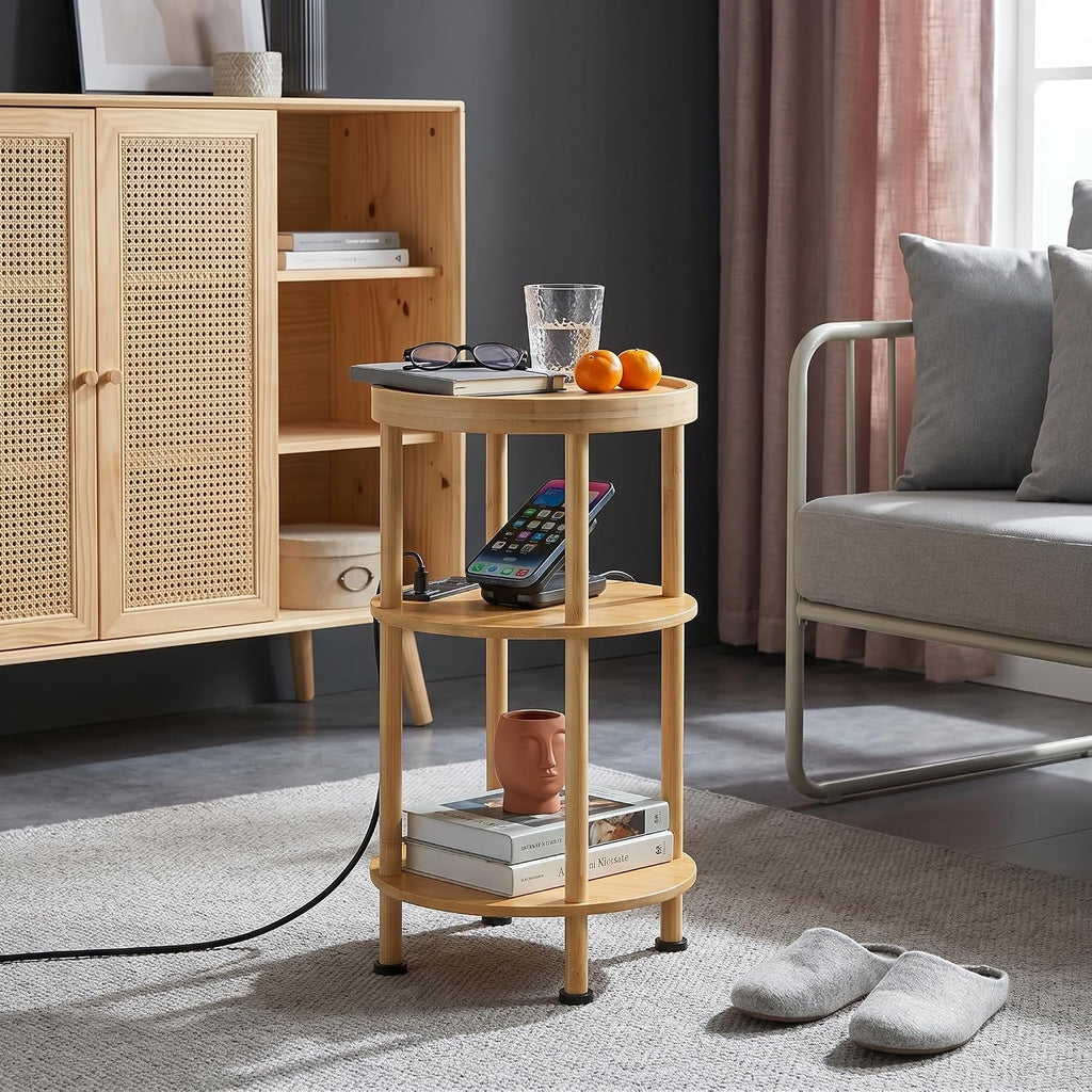 3-Tier Bamboo Round Side Table with Charging Station, Small Round Bamboo End Table with USB Ports & Power Outlets - Corner Table Sofa End Table for Living Room, Bedroom (with Outlet, Natural)