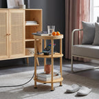 3-Tier Bamboo Round Side Table with Charging Station, Small Round Bamboo End Table with USB Ports & Power Outlets - Corner Table Sofa End Table for Living Room, Bedroom (with Outlet, Natural)